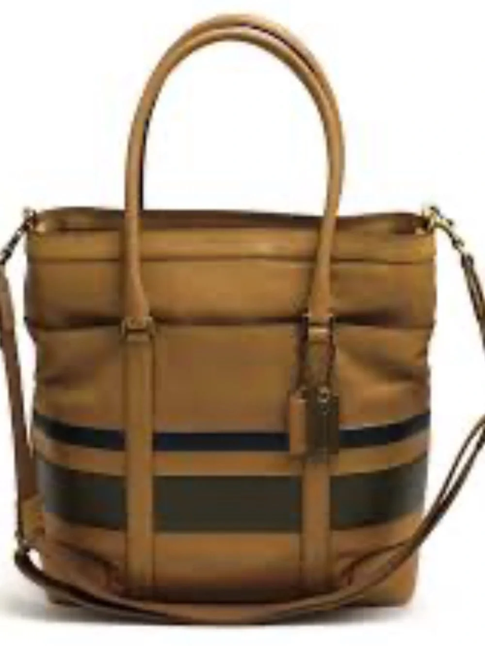 Coach Bleeker Tan Leather XL Striped Tote with Green and Blue Stripes